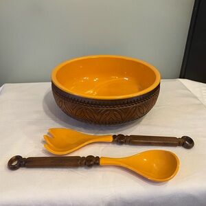 Vintage 1970s EMSA Brown Orange Plastic Faux Wood Centrepiece Bowl Salad Set